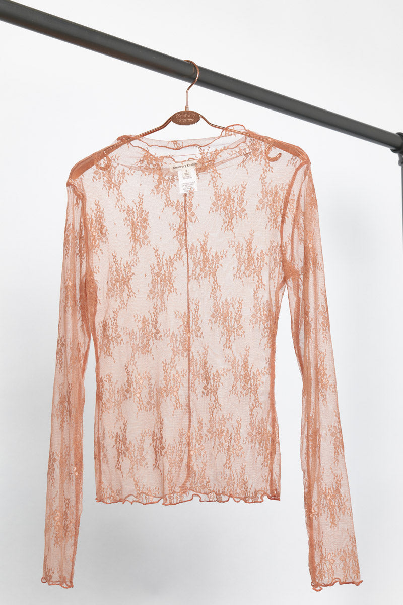 Long Sleeve Sheer Lace Mesh Top- Rust