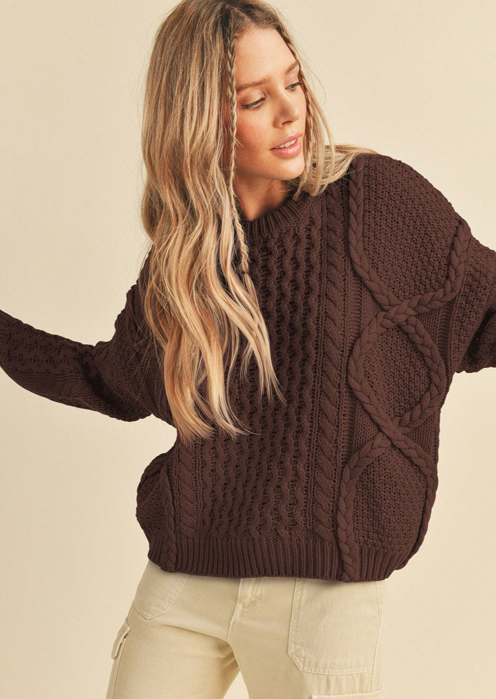 Relaxed Fit Braided Cable Knit Sweater- Chocolate Brown