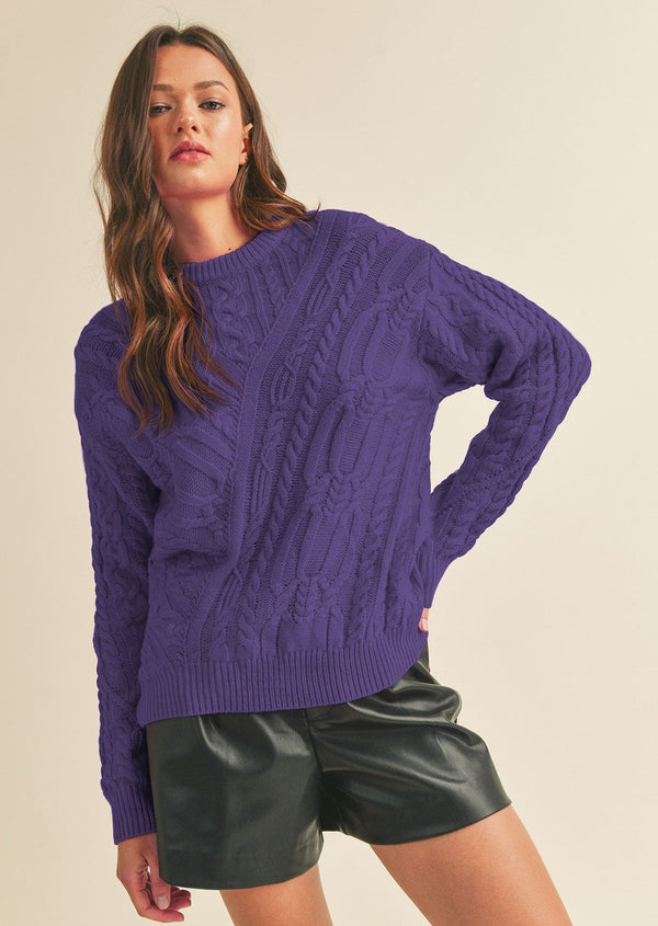 Chunky Cable Knit Crewneck Sweater- Purple