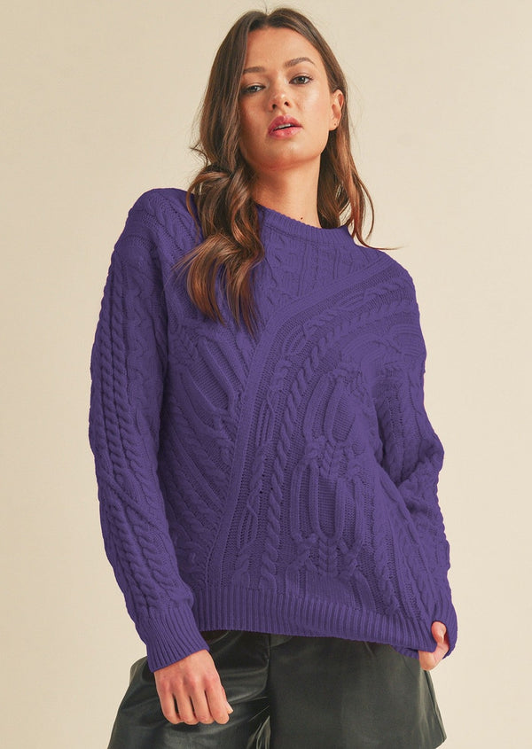 Chunky Cable Knit Crewneck Sweater- Purple