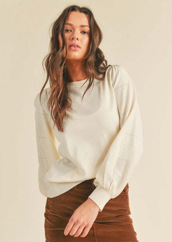 Pointelle Puff Sleeve Sweater- Ivory