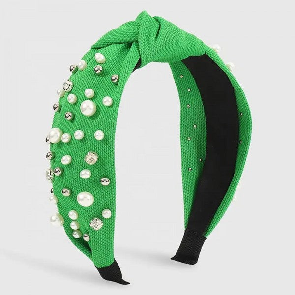 Pearl and Rhinestone Top Knot Headband- Green