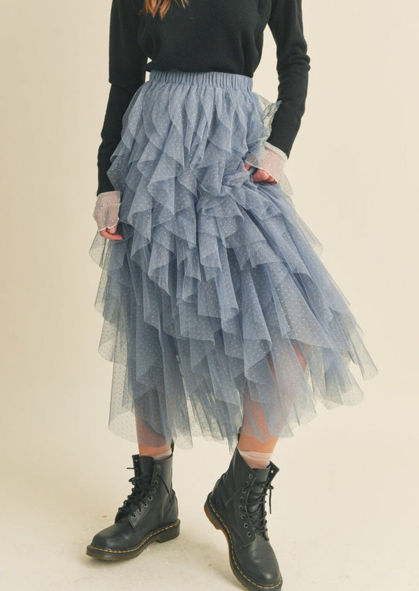 Ruffle Tiered Midi Skirt- Dusty Blue
