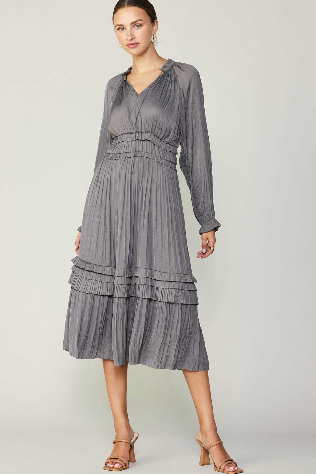 Long Sleeve Ruffle Detailed Midi Dress- Grey