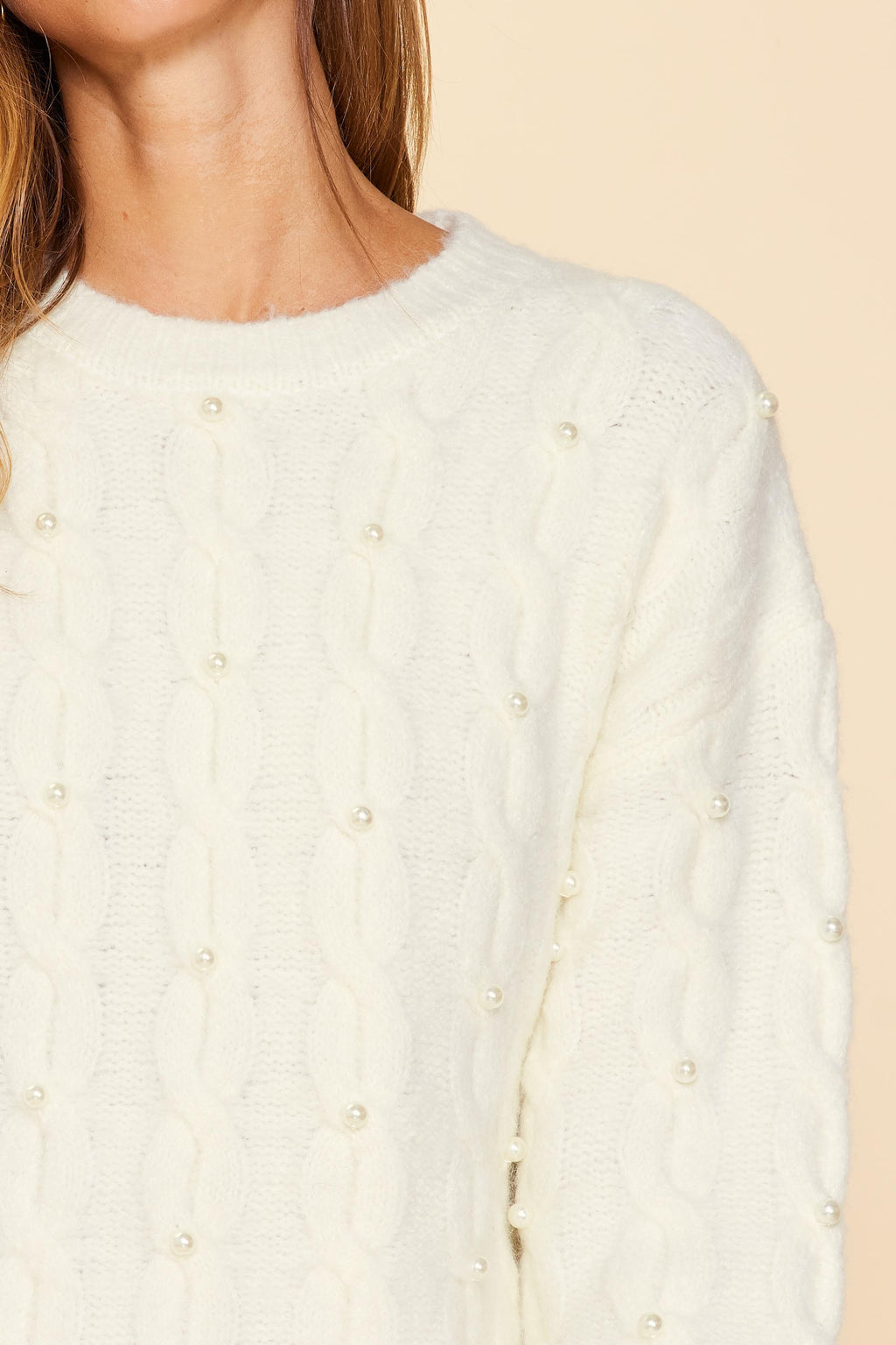 Pearl Detail Cable Knit Sweater- Cream**FINAL SALE**
