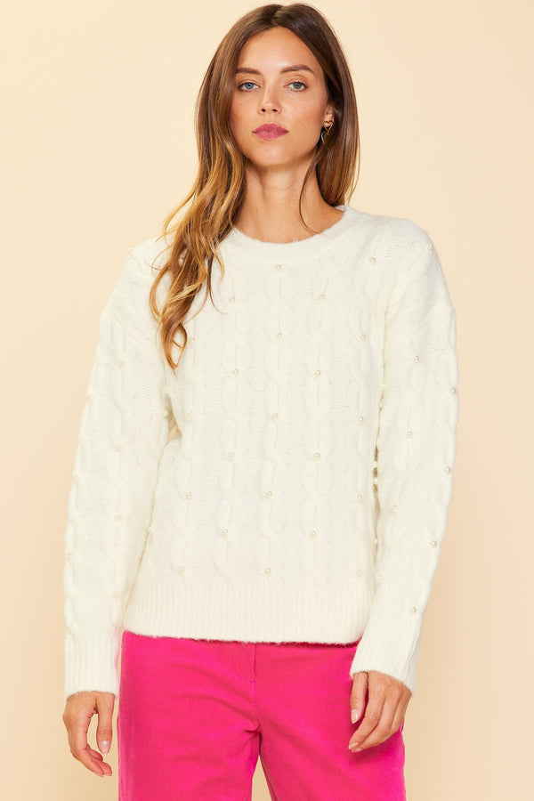 Pearl Detail Cable Knit Sweater- Cream