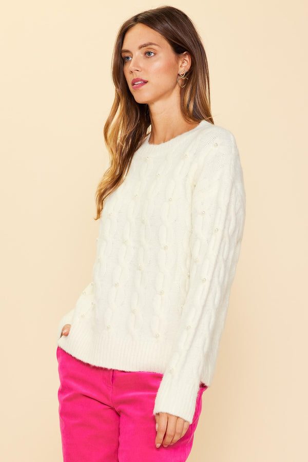 Pearl Detail Cable Knit Sweater- Cream