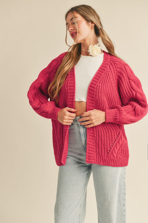 Open Front Cable Knit Cardigan- Raspberry Cream