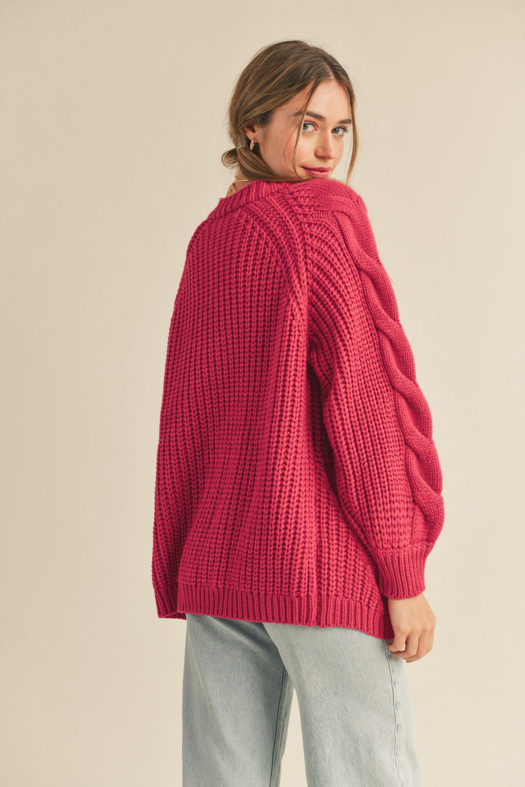 Open Front Cable Knit Cardigan- Raspberry Cream