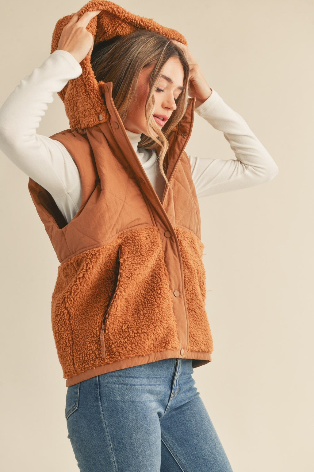 Mixed Media Hooded Vest- Copper Brown