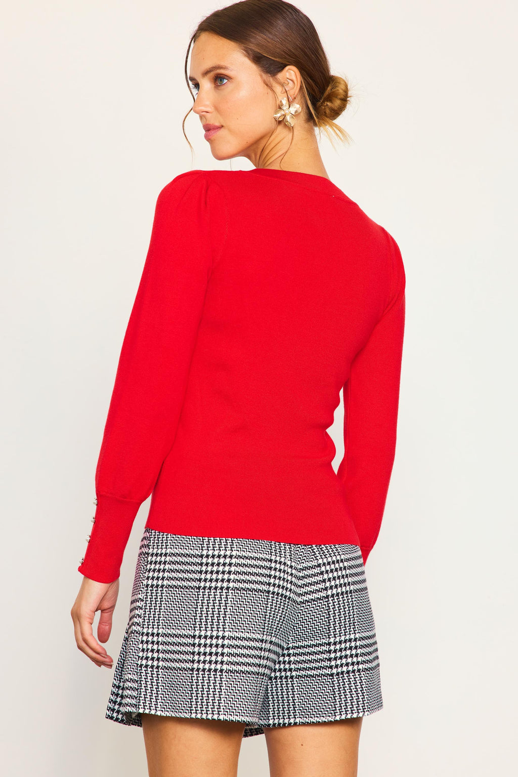 Jewel Button Sleeve Sweater- Red