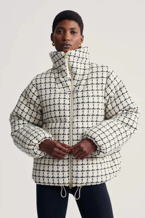 Eugene Check Short Puffer Coat- Egret Check