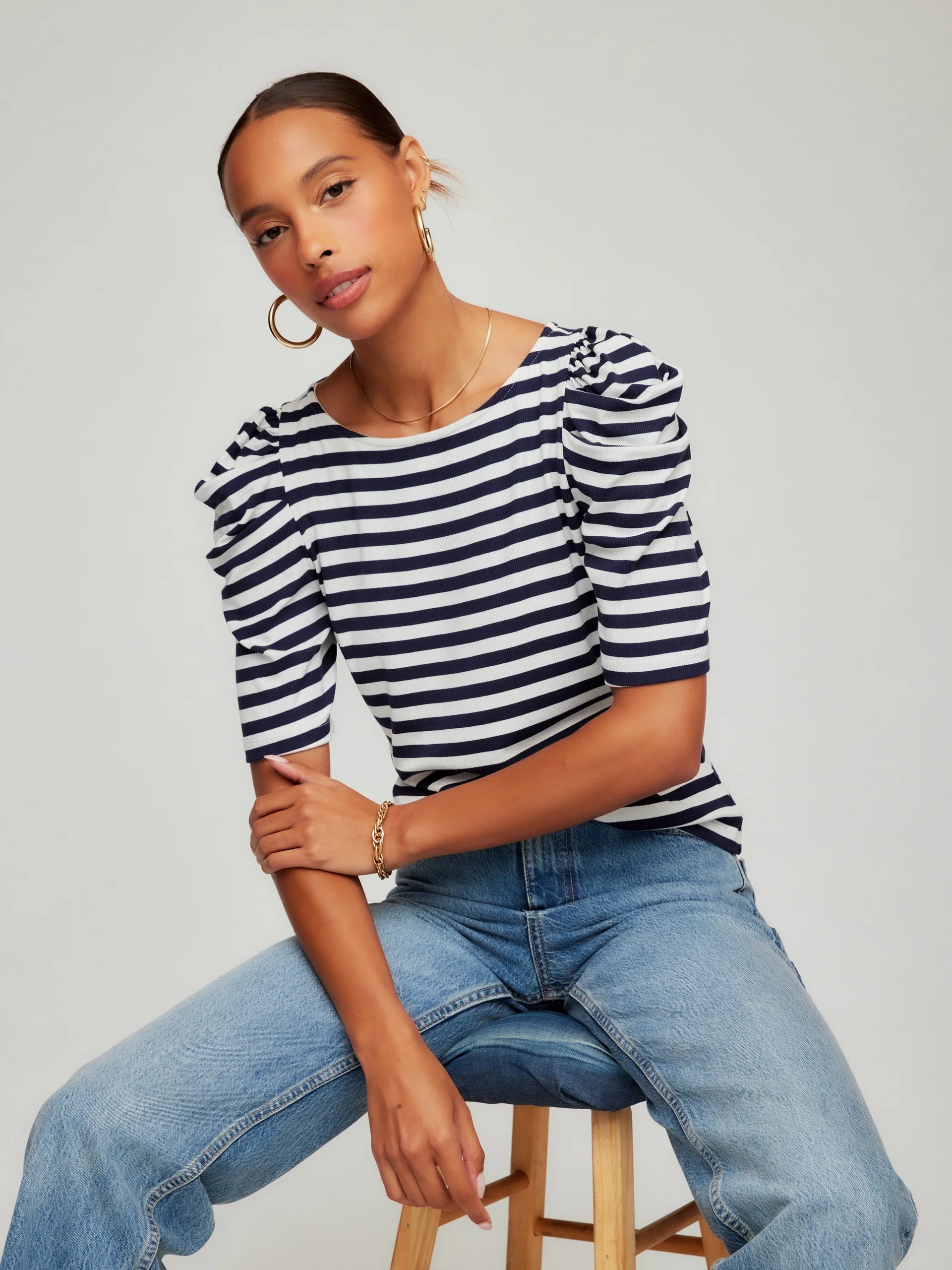 Marni Elbow Sleeve Top- Navy/White
