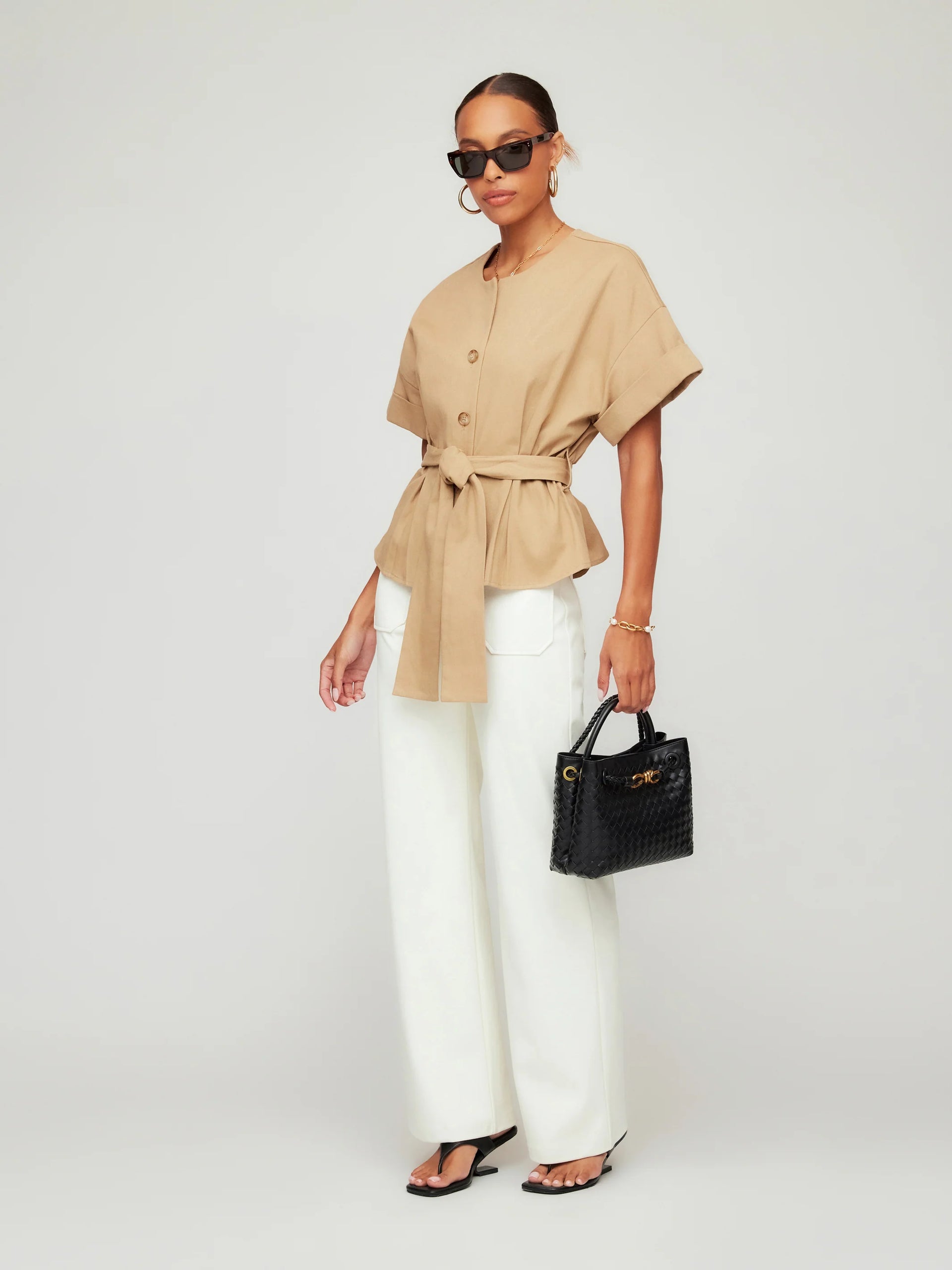 Kai Belted Button Up Top- Khaki