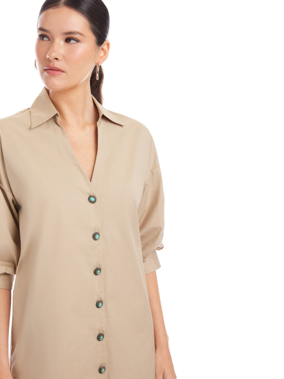Phoebe Lantern Sleeve Shirtdress- Stone