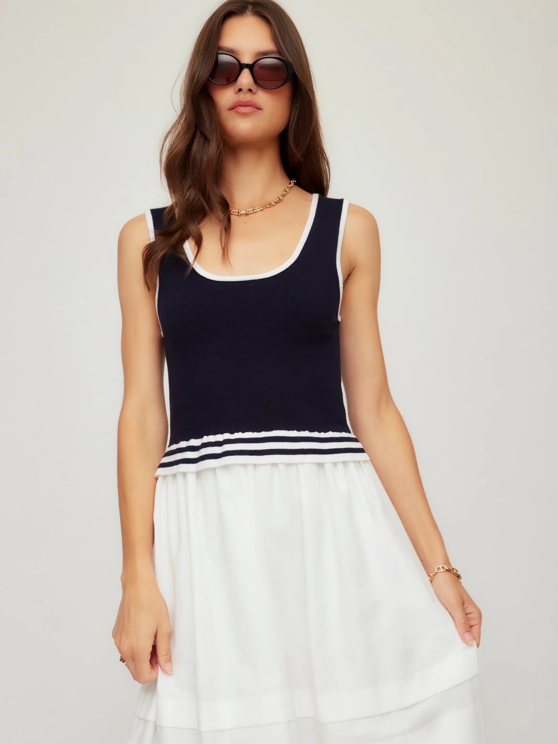 Thea Contrast Midi Dress- Navy/White