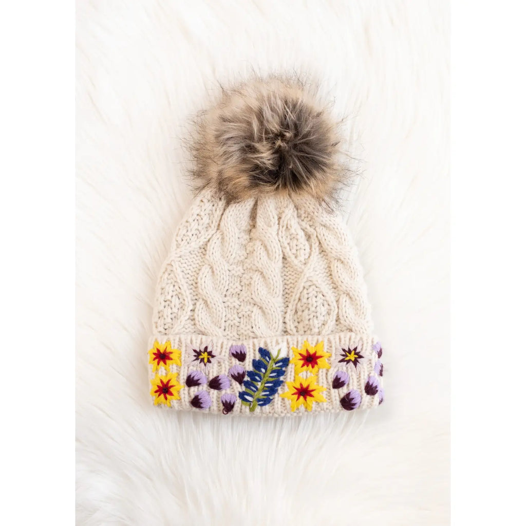 Floral Hand Stitched Cuff Pom Hat