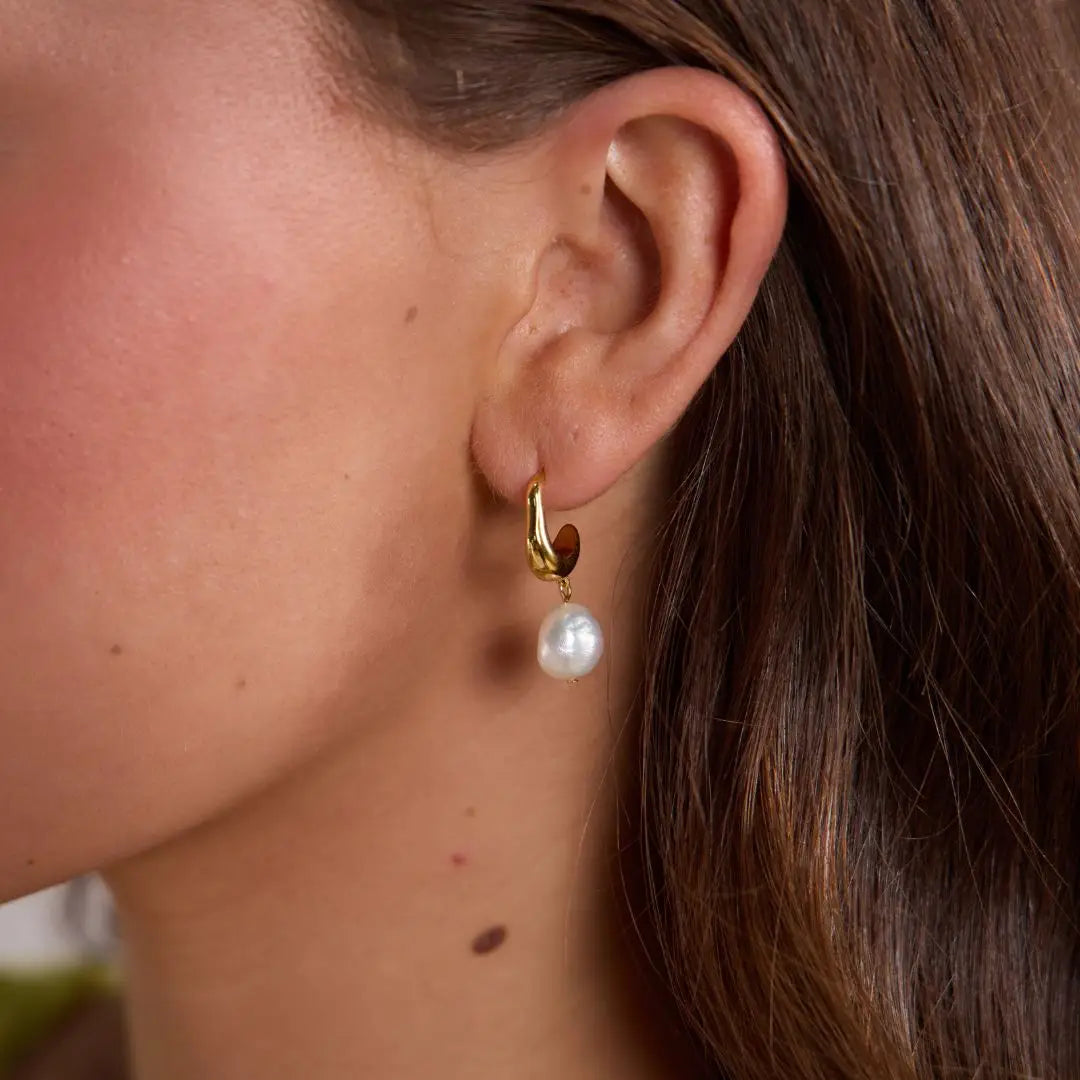 Gold Pearl Drop Hoops