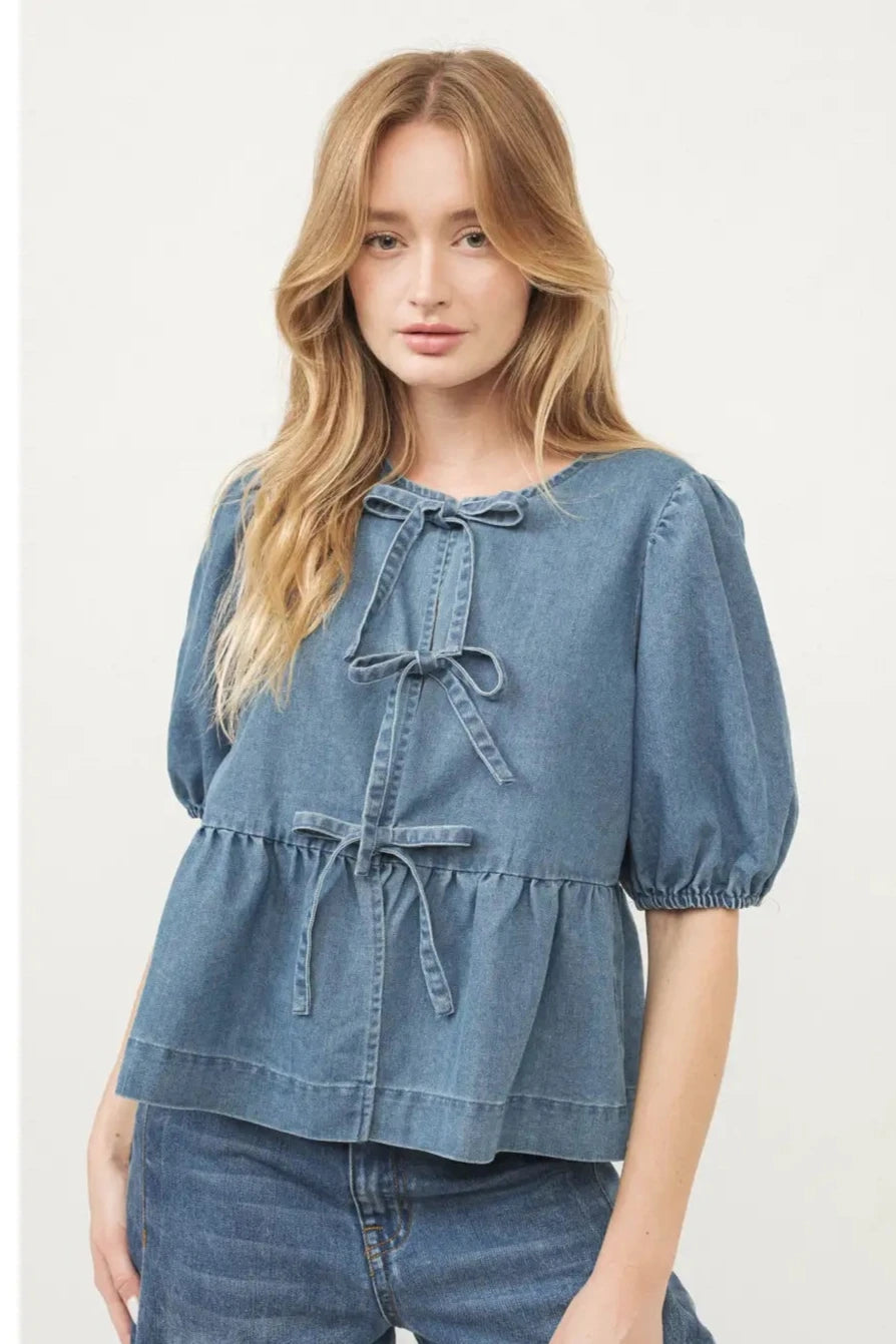 Front Bow Tie Blouse- Denim