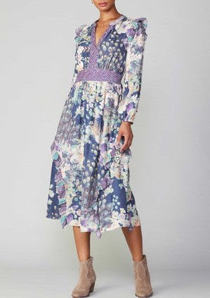 Floral Print V-Neck Maxi Dress- Purple/Navy