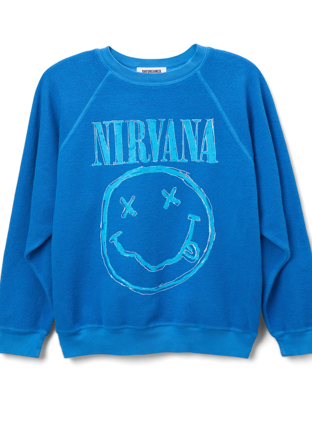Nirvana Smiley Reverse Raglan Crew- Washed Cobalt**FINAL SALE**