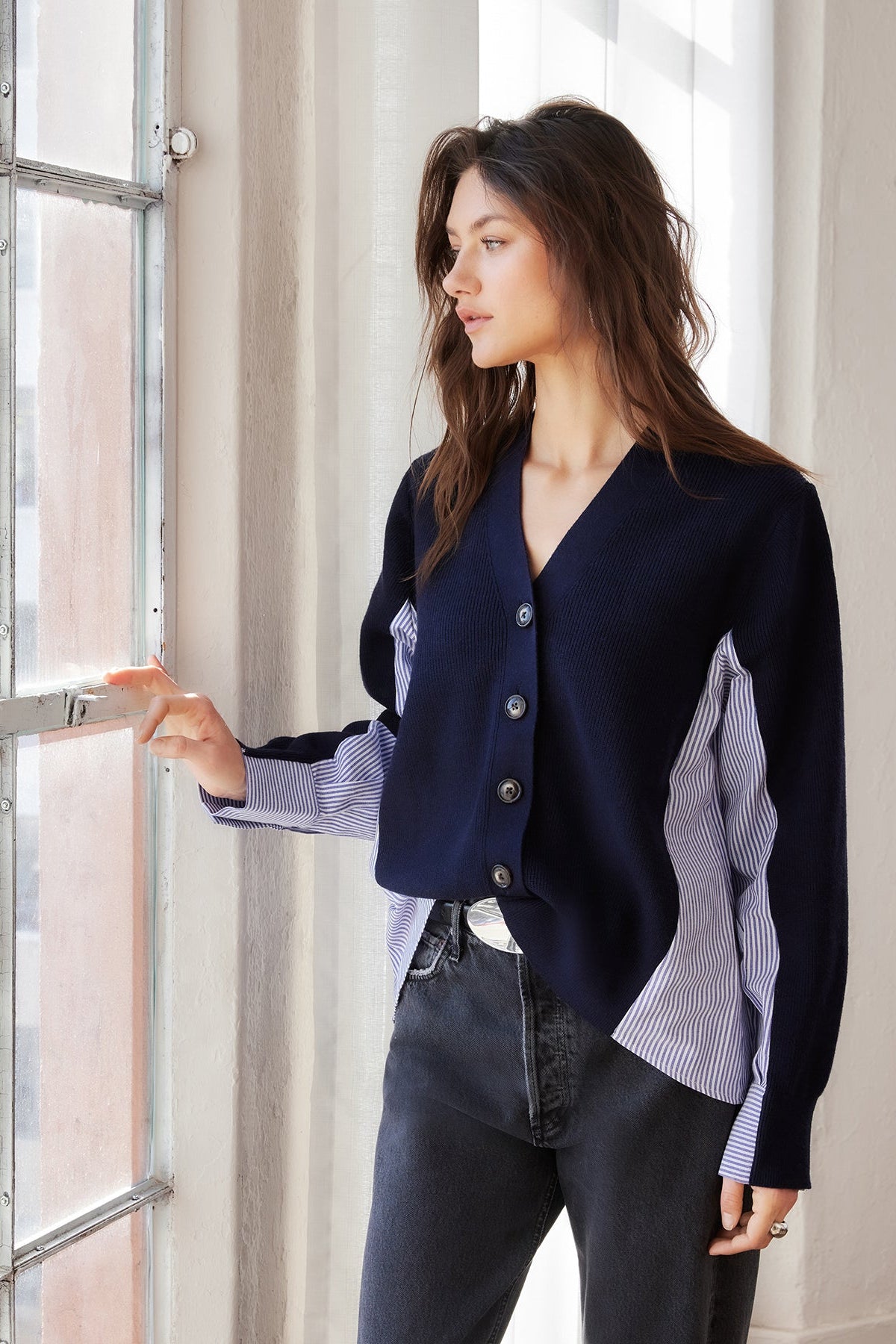 Celine Mixed Media Cardigan- Navy