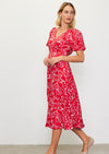 Puff Sleeve V-Neck Midi Dress- Red Floral