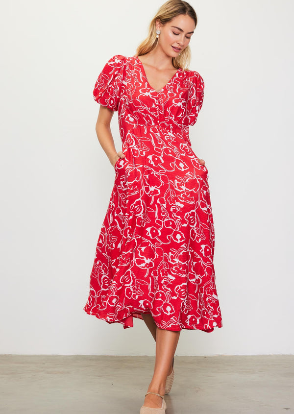 Puff Sleeve V-Neck Midi Dress- Red Floral