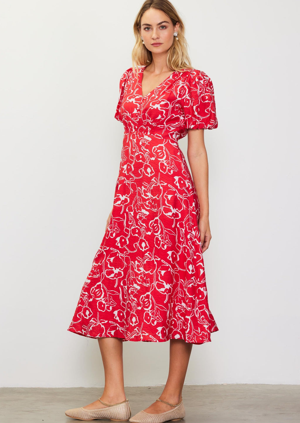 Puff Sleeve V-Neck Midi Dress- Red Floral