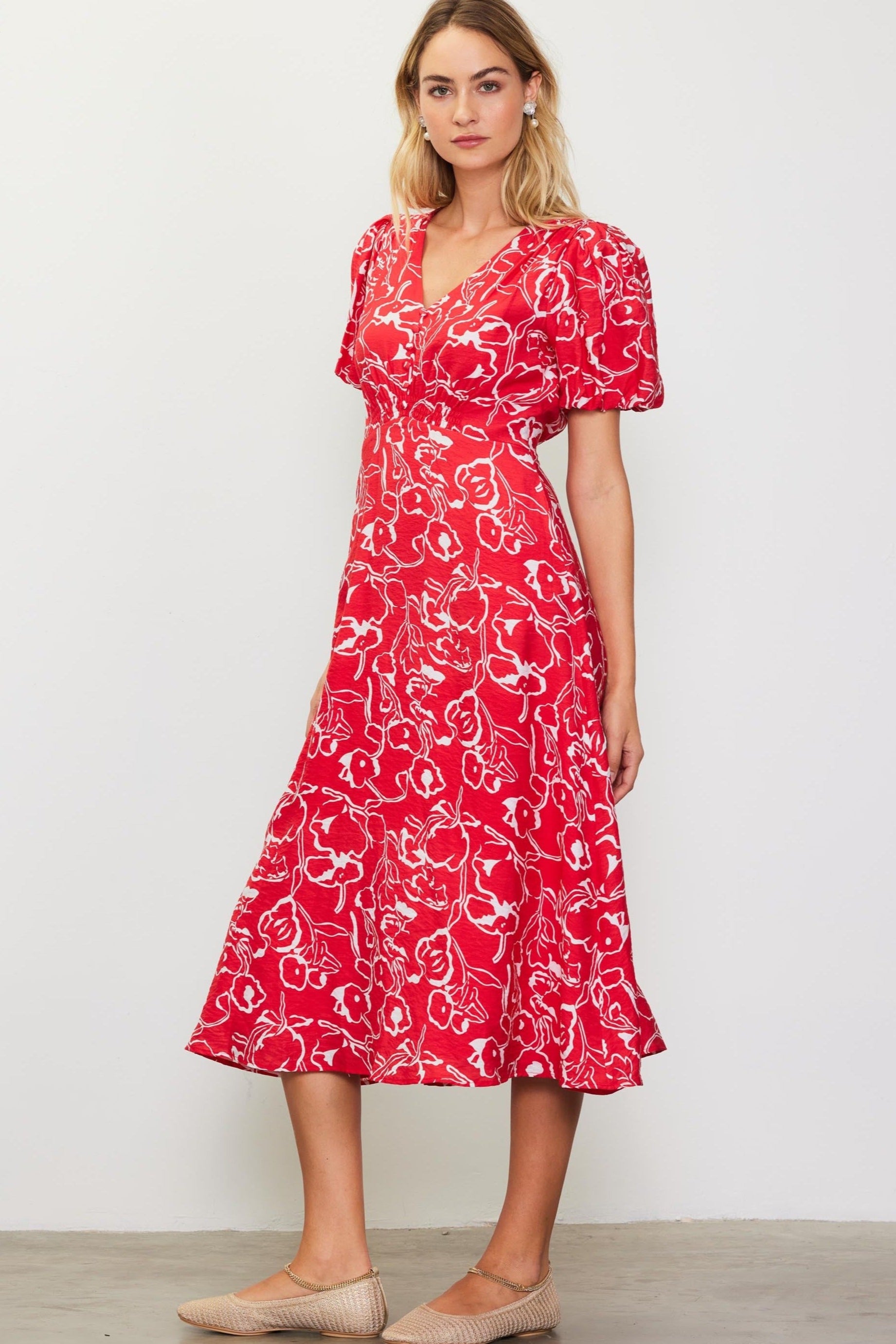 Puff Sleeve V-Neck Midi Dress- Red Floral