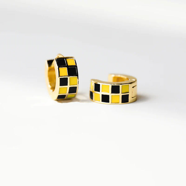 Black and Yellow Checkered Enamel Huggies-Gold