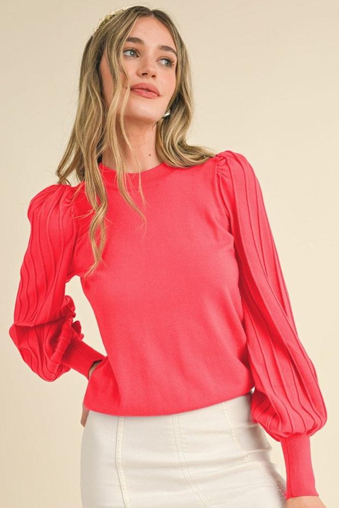 Classic Stripe Texture Sweater- Coral Red