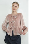 Velvet Bow Tie Peplum Blouse- Dusty Pink