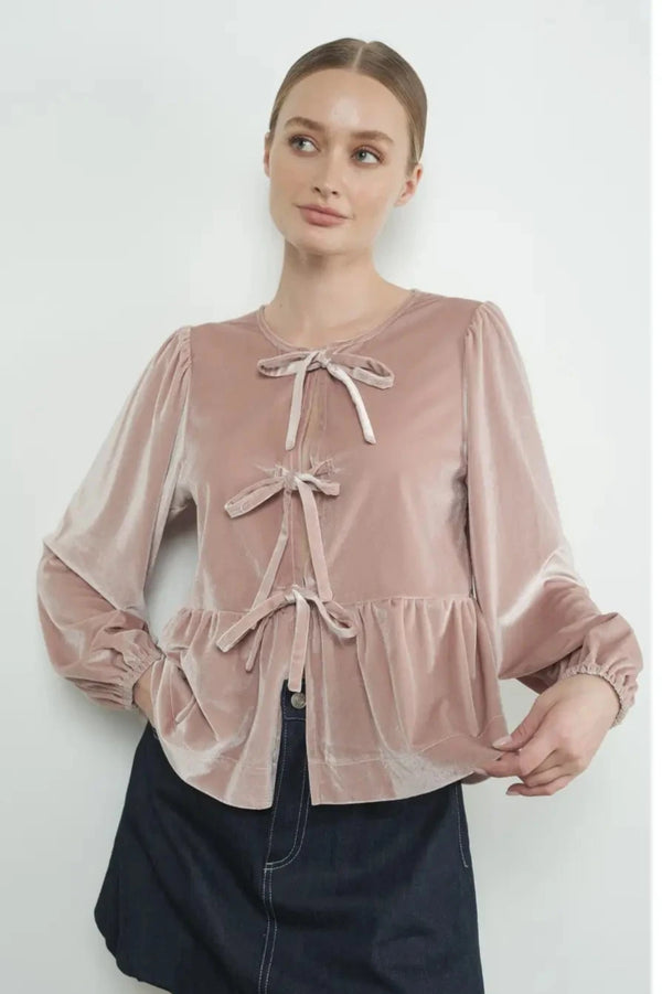 Velvet Bow Tie Peplum Blouse- Dusty Pink