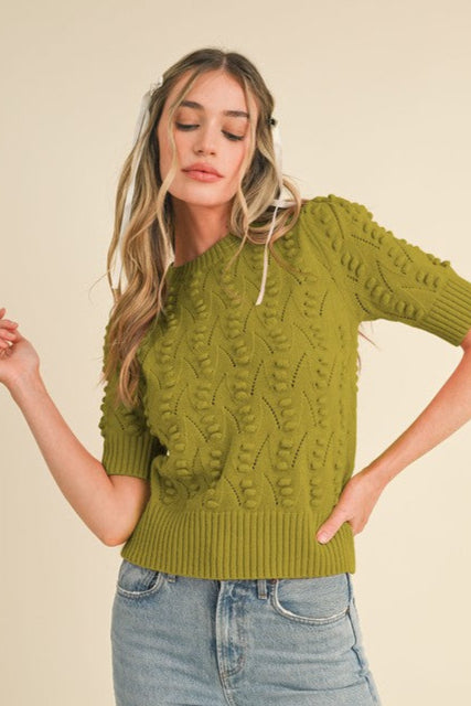 Pointelle Knit Short Sleeve Sweater- Golden Kiwi