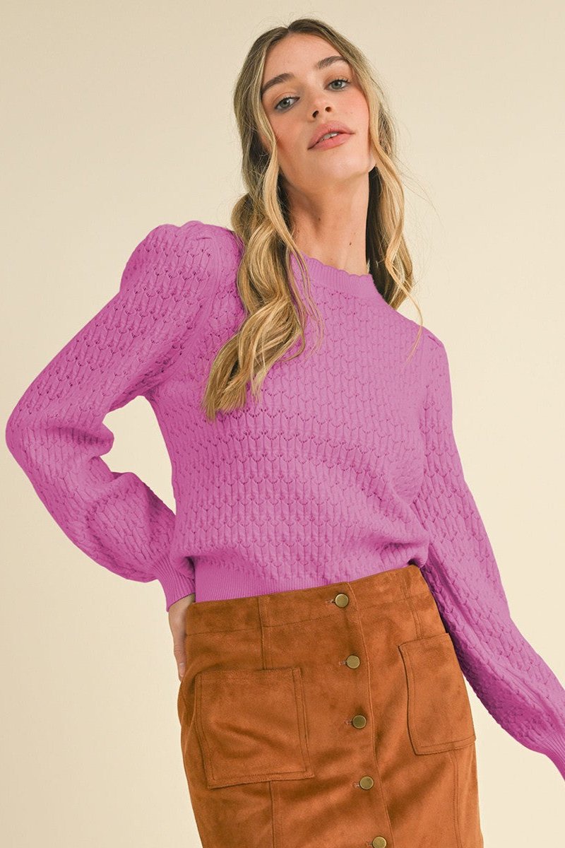 Puff Sleeve Scalloped Pointelle Sweater- Wild Orchid