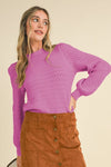 Puff Sleeve Scalloped Pointelle Sweater- Wild Orchid