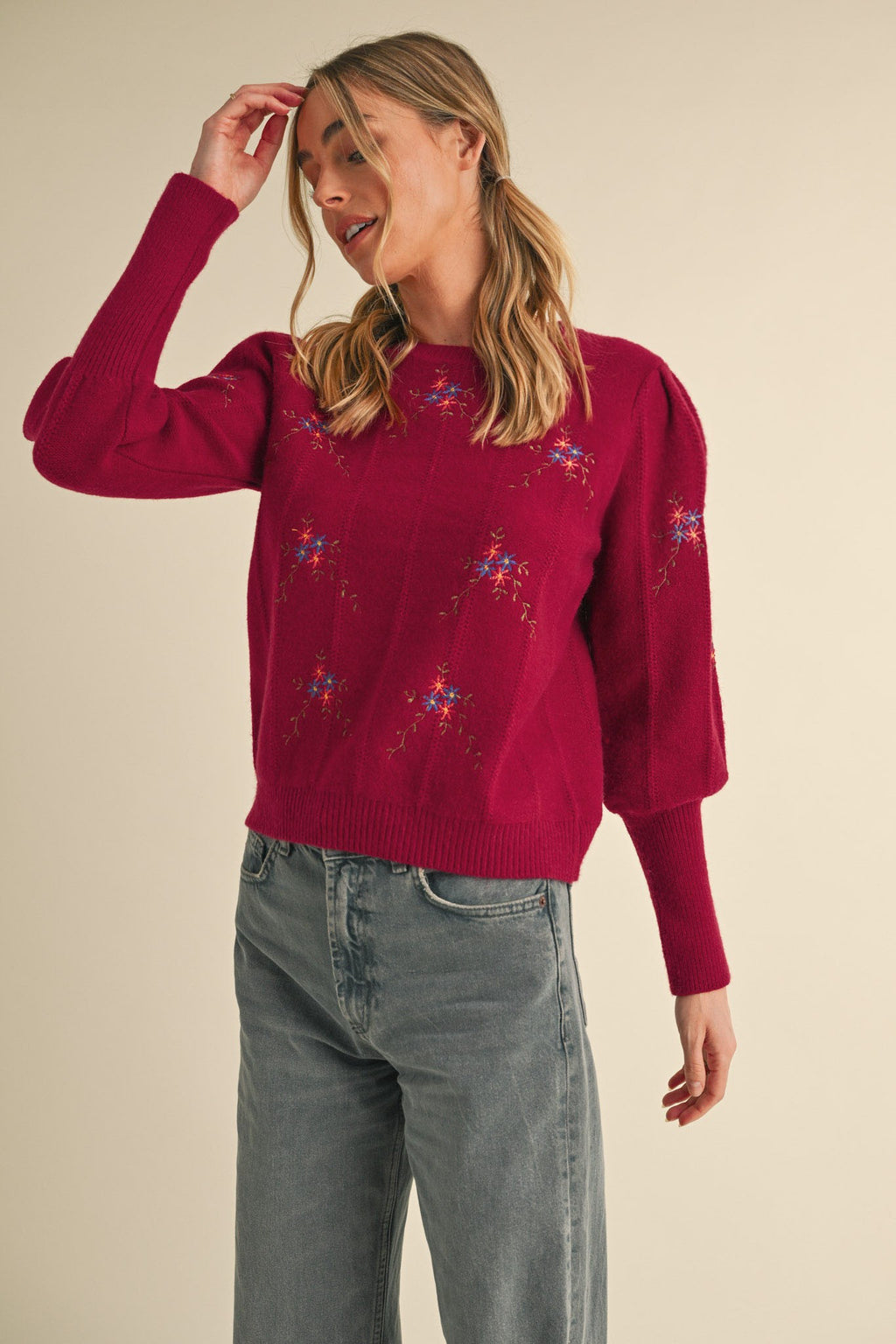 Floral Embroidery Sweater- Berry Burgundy