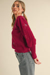 Floral Embroidery Sweater- Berry Burgundy