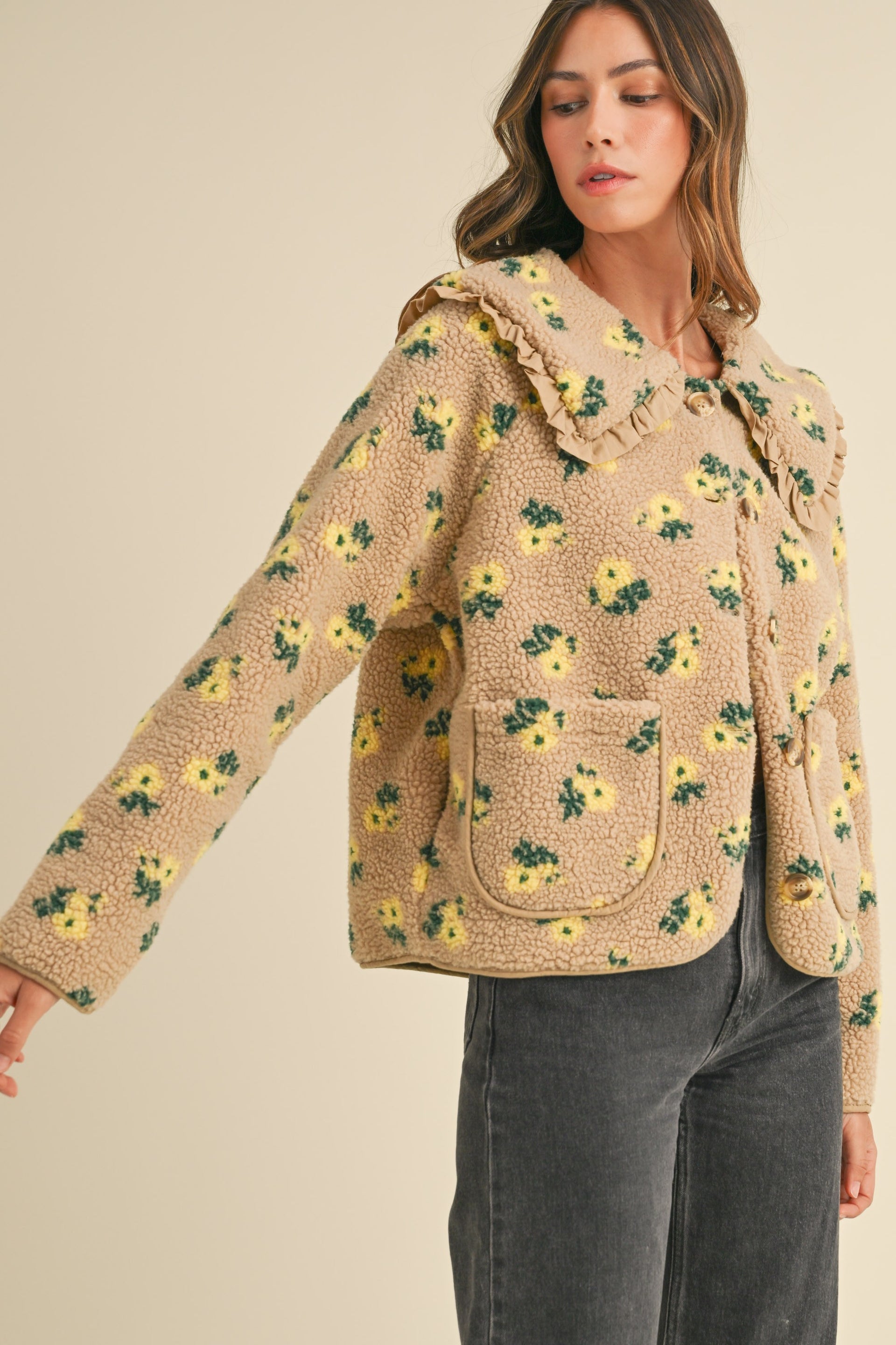 Floral Print Shearling Jacket- Taupe **Final Sale**