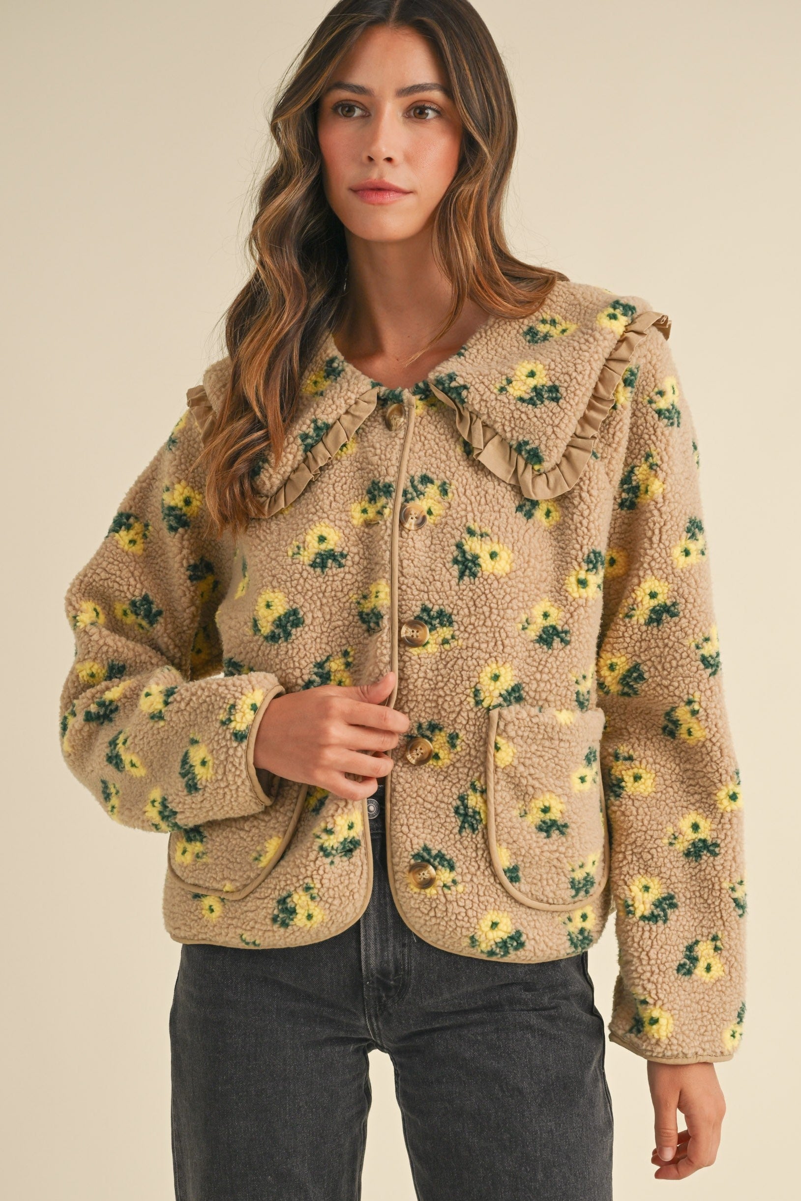 Floral Print Shearling Jacket- Taupe **Final Sale**