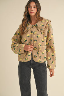 Floral Print Shearling Jacket- Taupe