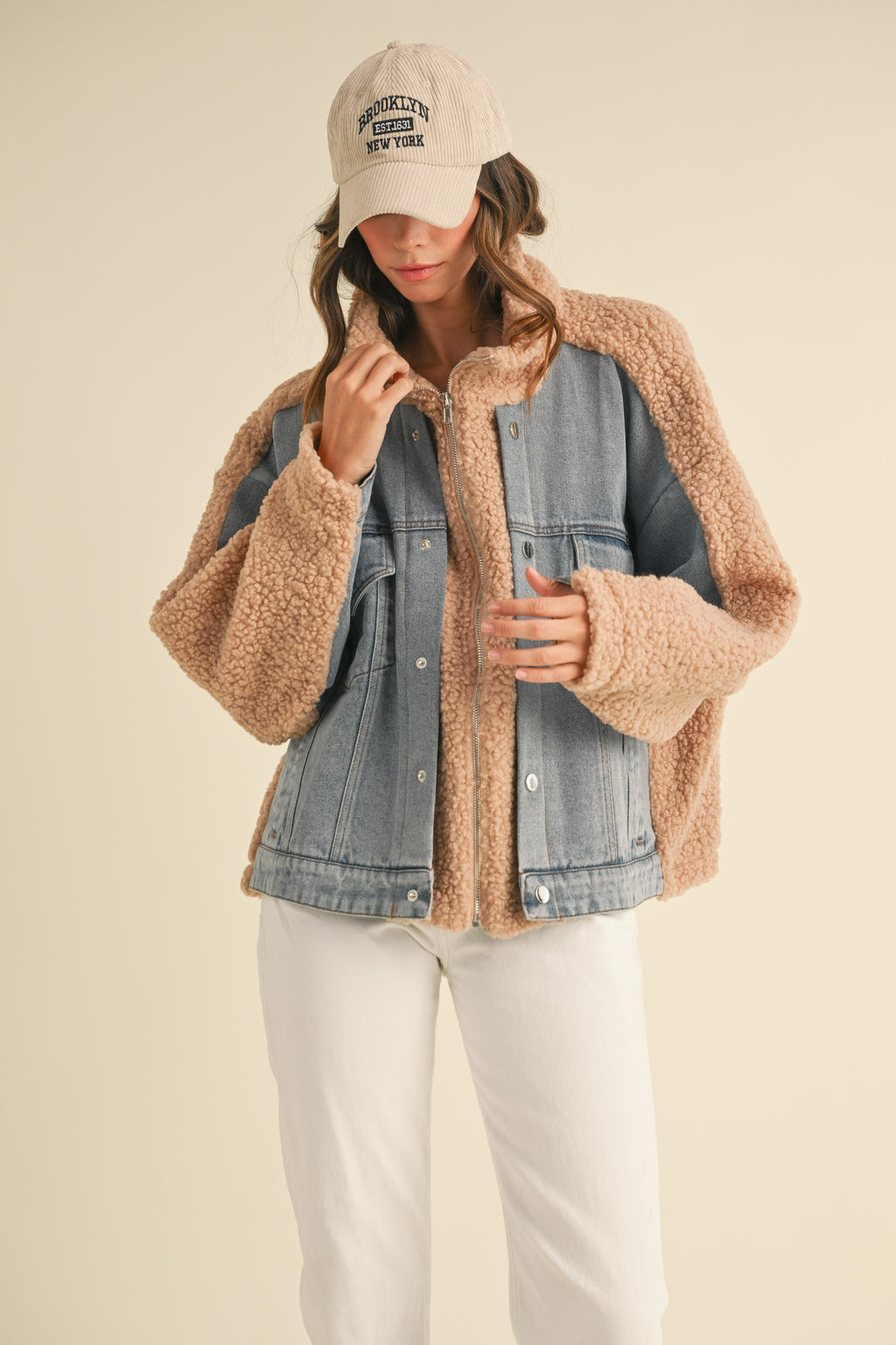 Fleece and Denim Combo Jacket- Tan