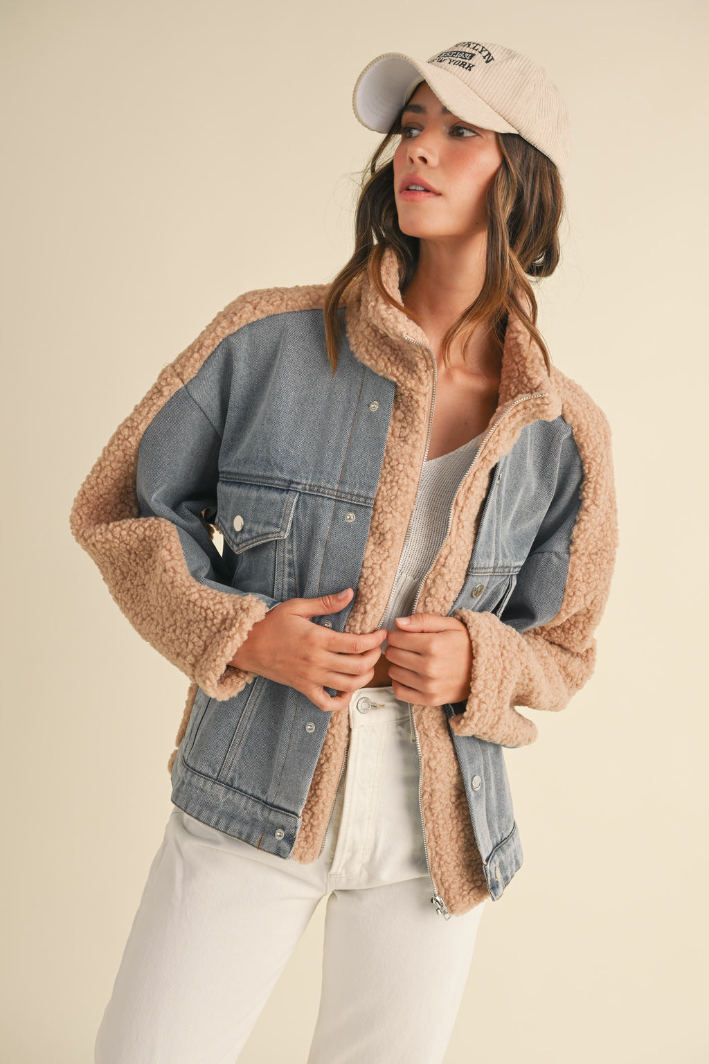 Fleece and Denim Combo Jacket- Tan