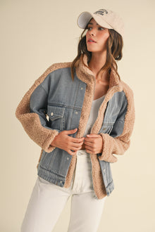 Fleece and Denim Combo Jacket- Tan