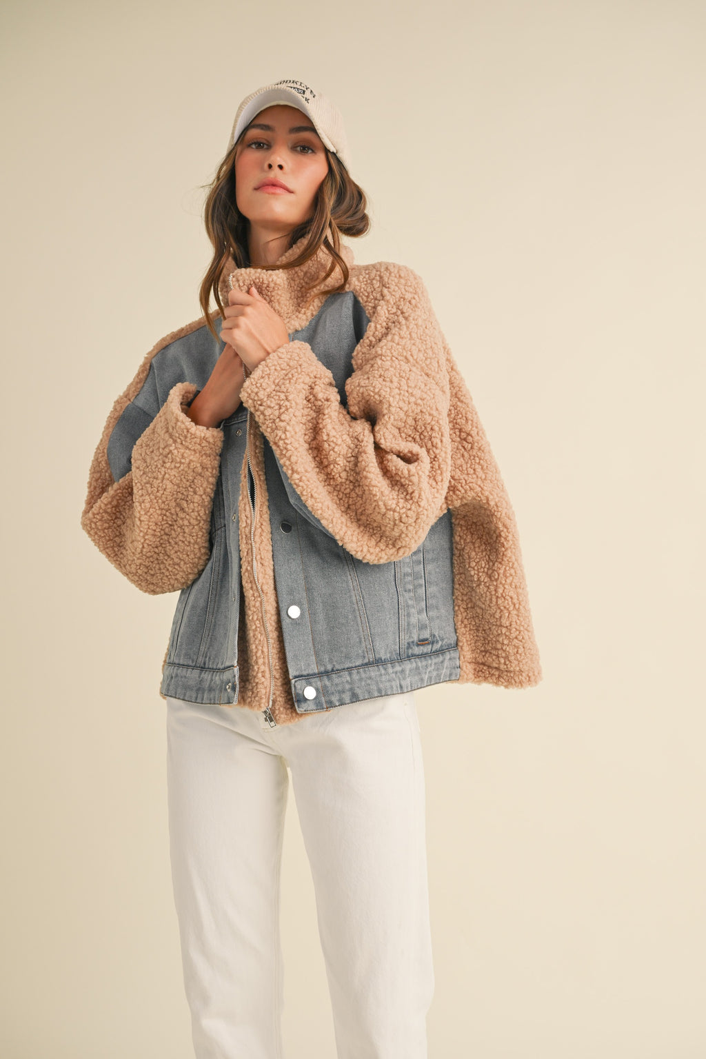 Fleece and Denim Combo Jacket- Tan