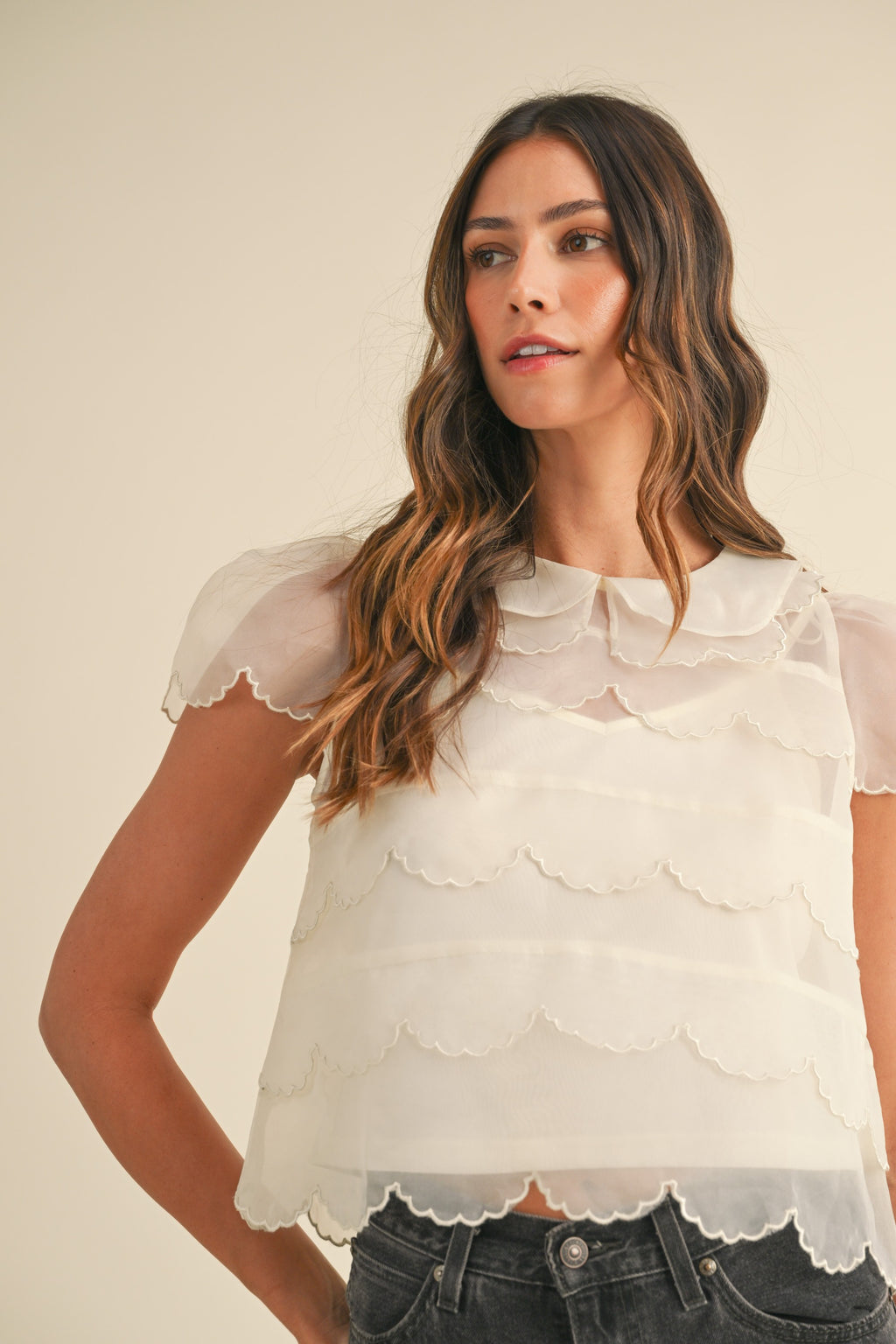 Scallop Organza Blouse- Cream