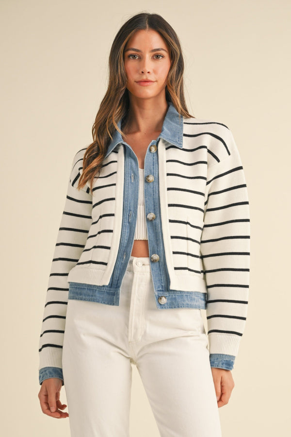 Stripe Knit and Denim Mix Cardigan—Cream/Black