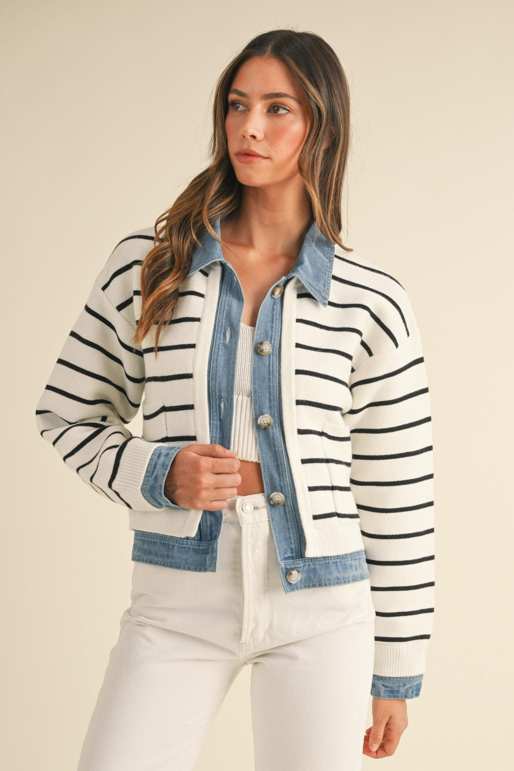 Stripe Knit and Denim Mix Cardigan—Cream/Black