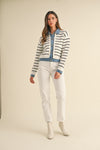 Stripe Knit and Denim Mix Cardigan—Cream/Black